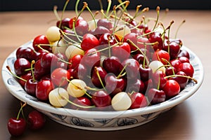 A bowl holds a mix of fresh, ripe white and red cherries a seasonal, nutritious raw food delight