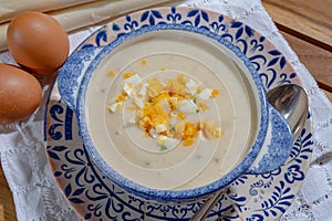Bowl of homemade cream soup from white asparagus, spring season, new harvest of Dutch, German white asparagus, cooking with