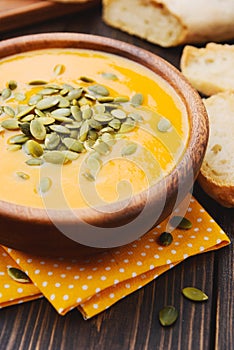 A bowl of homemade creamy pumpkin soup