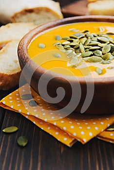 A bowl of homemade creamy pumpkin soup