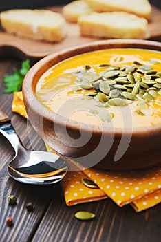 A bowl of homemade creamy pumpkin soup