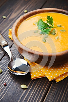 A bowl of homemade creamy pumpkin soup