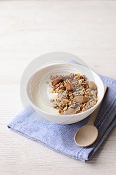 Bowl with homemade granola and greek yogurt healthy breakfast