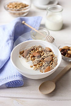Bowl with homemade granola and greek yogurt healthy breakfast