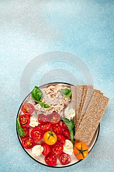 bowl of homemade liver pate with fig, Concept healthy and balanced eating. vertical image. top view. copy space for text