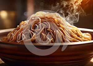 Bowl with hot soba noodles.Macro.AI Generative