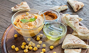 A bowl of hummus with pita slices