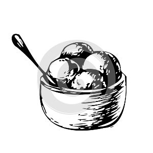 Bowl of ice cream balls with a spoon , sketch, Vector illustration. Hand drawn ice cream used black lines isolated on