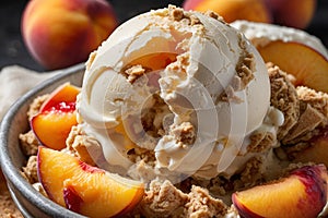 a bowl of ice cream with a fruit Summertime Bliss Peach Cobbler Ice Cream Delight with Crumbled Pie