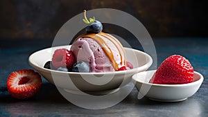 a bowl of ice cream with raspberries and a strawberry Icy Indulgence Velvety Texture and Bursting