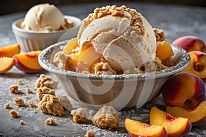 a bowl of ice cream with a scoop of ice cream How to Perfectly Craft Peach Cobbler Ice Cream