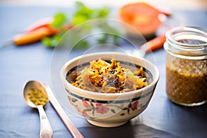 a bowl of indian pickle achaar on table