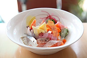 Bowl of Japanese mix sashimi don on rice