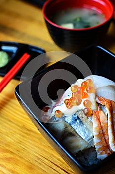 Bowl of Japanese mix sashimi don on rice