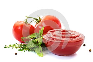 Bowl of ketchup or tomato sauce with ingredients on white