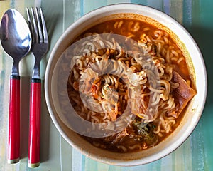 A bowl of kimchi flavour instant noodles