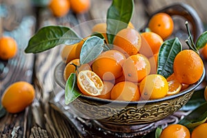 A bowl of kumquats on an old wooden table, with some leaves and fruits scattered around the background. Ai generated