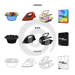 A bowl with laundry, iron, ironing press, washing powder. Dry cleaning set collection icons in cartoon,black,outline