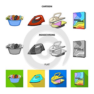 A bowl with laundry, iron, ironing press, washing powder. Dry cleaning set collection icons in cartoon,flat,monochrome