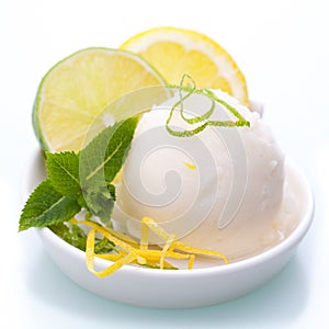 A bowl of lemon ice cream isolated on white background