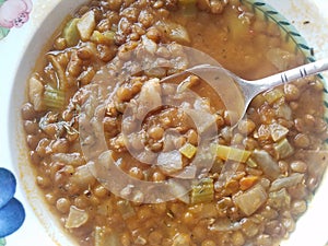 Bowl of lentil vegetable soup