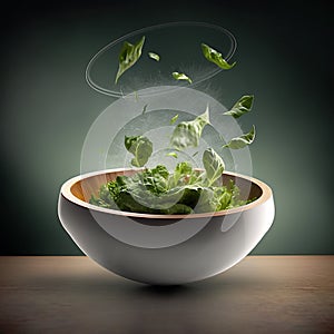 A bowl of lettuce is being tossed into a bowl.