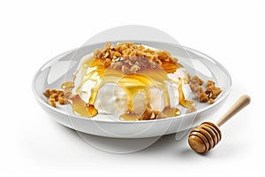 Bowl Luscious White Base, Greek Yogurt Dollop, Honey Drizzle, Granola On White Plate, On Isolated Tr