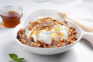 Bowl Luscious White Base, Greek Yogurt Dollop, Honey Drizzle, Granola On White Plate, On