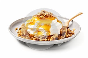 Bowl Luscious White Base, Greek Yogurt Dollop, Honey Drizzle, Granola On White Plate, On Isolated Tr