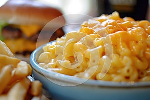 A bowl of macaroni and cheese sits on a table next to a hamburger and fries