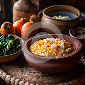 Bowl of Malawi& x27;s Nsima with Traditional Utensils and Vegetables