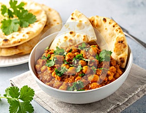 A bowl of Mauritian farata (flatbread) served with bean curry garnished with fresh coriander