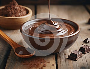 Bowl of melted chocolate on wooden background