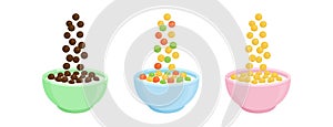 Bowl milk cereal vector breakfast. Cartoon oats. Different sweet flavors. Falling colorful cornflakes. Healthy food for kids