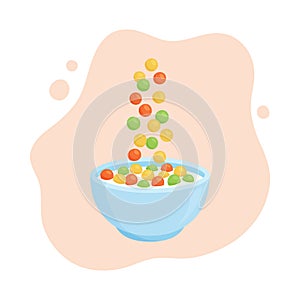 Bowl milk cereal vector breakfast. Cartoon oats. Sweet flavors. Falling colorful cornflakes. Healthy food for kids illustration