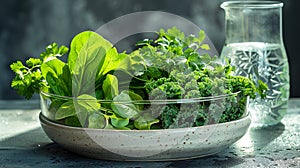 Bowl of mixed fresh green leafy vegetables. Generated AI