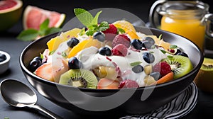 A bowl of mixed fruit salad with a dollop of yogurt on to two generative AI