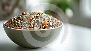 A bowl of mixed nuts and seeds displayed on a clean white table with