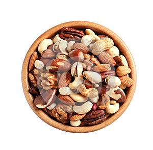 Bowl with mixed organic nuts on white background