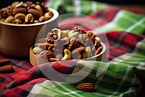 a bowl of mixed roasted nuts on a plain tablecloth