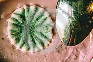 Bowl of moldy yogurt on wooden table , stainless shovel