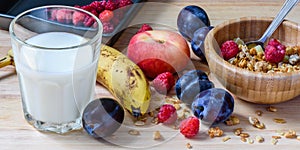 Bowl of muesli with berries,fruits and milk for breakfast