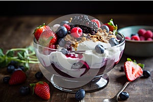 Bowl of muesli with berries and yogurt