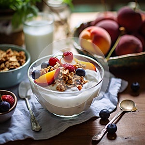 Bowl of muesli with berries and yogurt