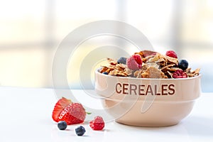 A bowl of muesli breakfast cereal and milk with berries on a rustic kitchen background