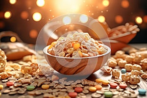 Bowl of muesli, close-up photography of healthy breakfast, flake with vitamins and minerals. Generative AI