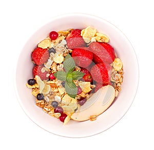 Bowl of muesli and fresh strawberry isolated