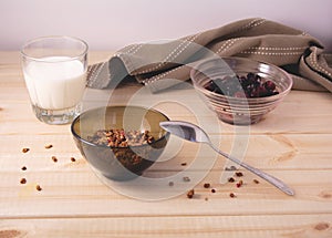 Bowl with muesli, frozen berries and glass of milk on wooden background