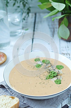 A bowl with mushroom cream soup