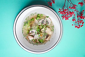 Bowl of mushroom soup with fresh mushrooms, broccoli and chicken broth.